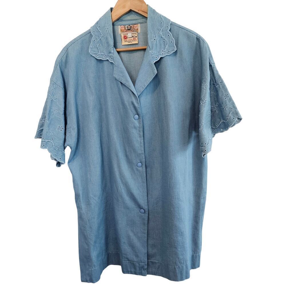 Vintage Gene Ewing BIS Denim Blouse Womens Large Embroidered 90s Cottage Boho